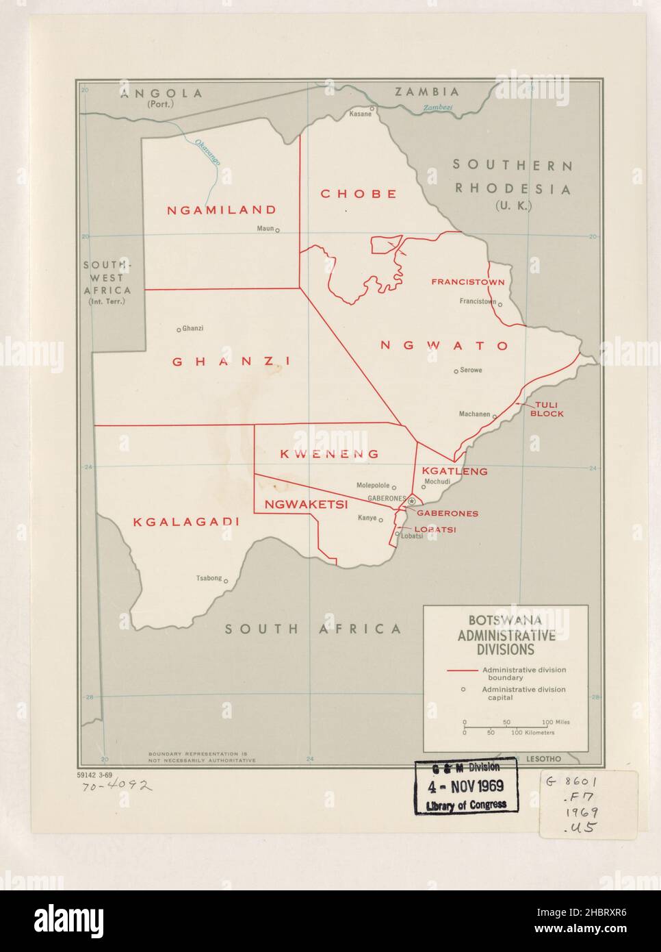 Mappa delle divisioni amministrative del Botswana ca. 1969 Foto Stock