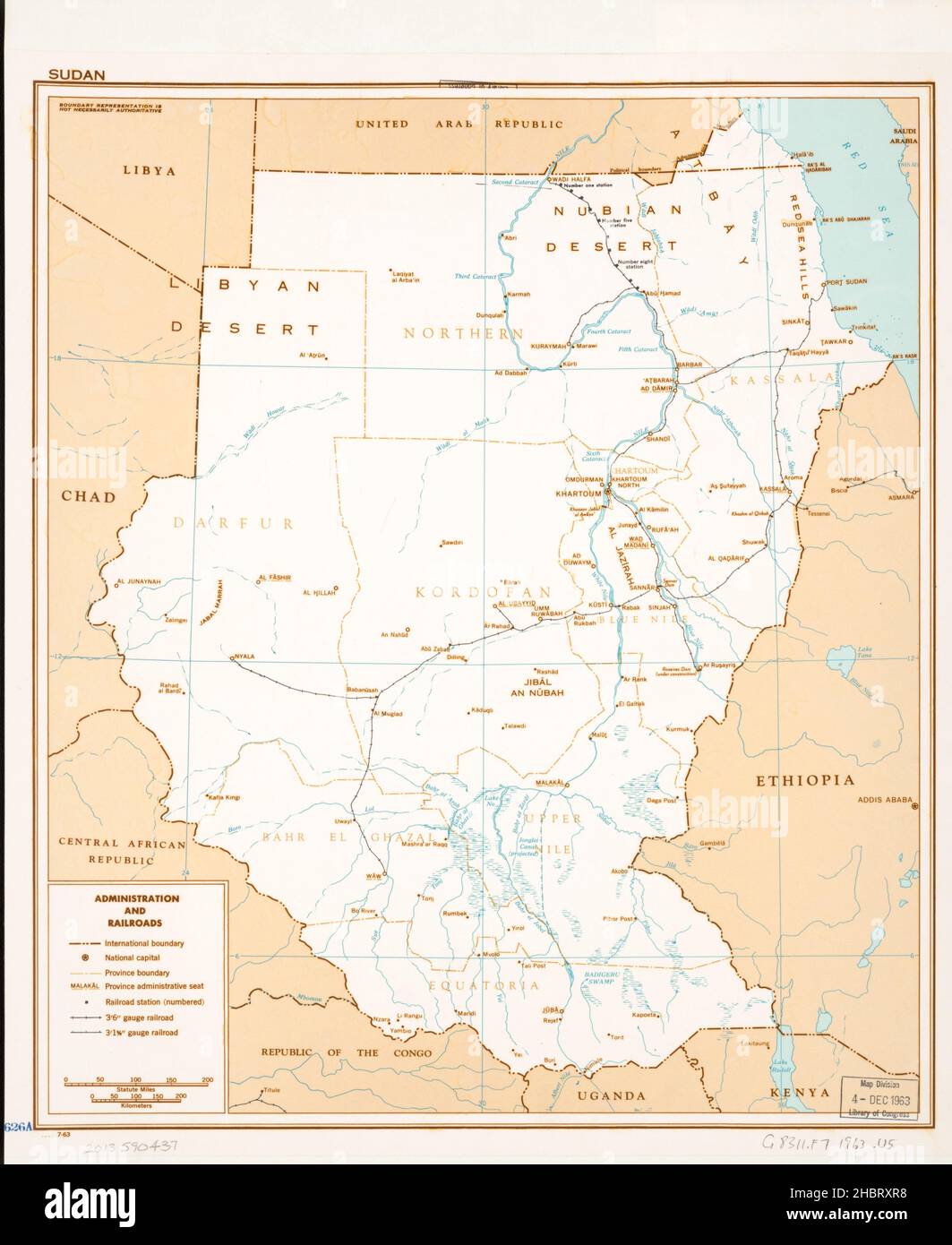 Mappa delle divisioni amministrative e delle ferrovie del Sudan ca. 1963 Foto Stock
