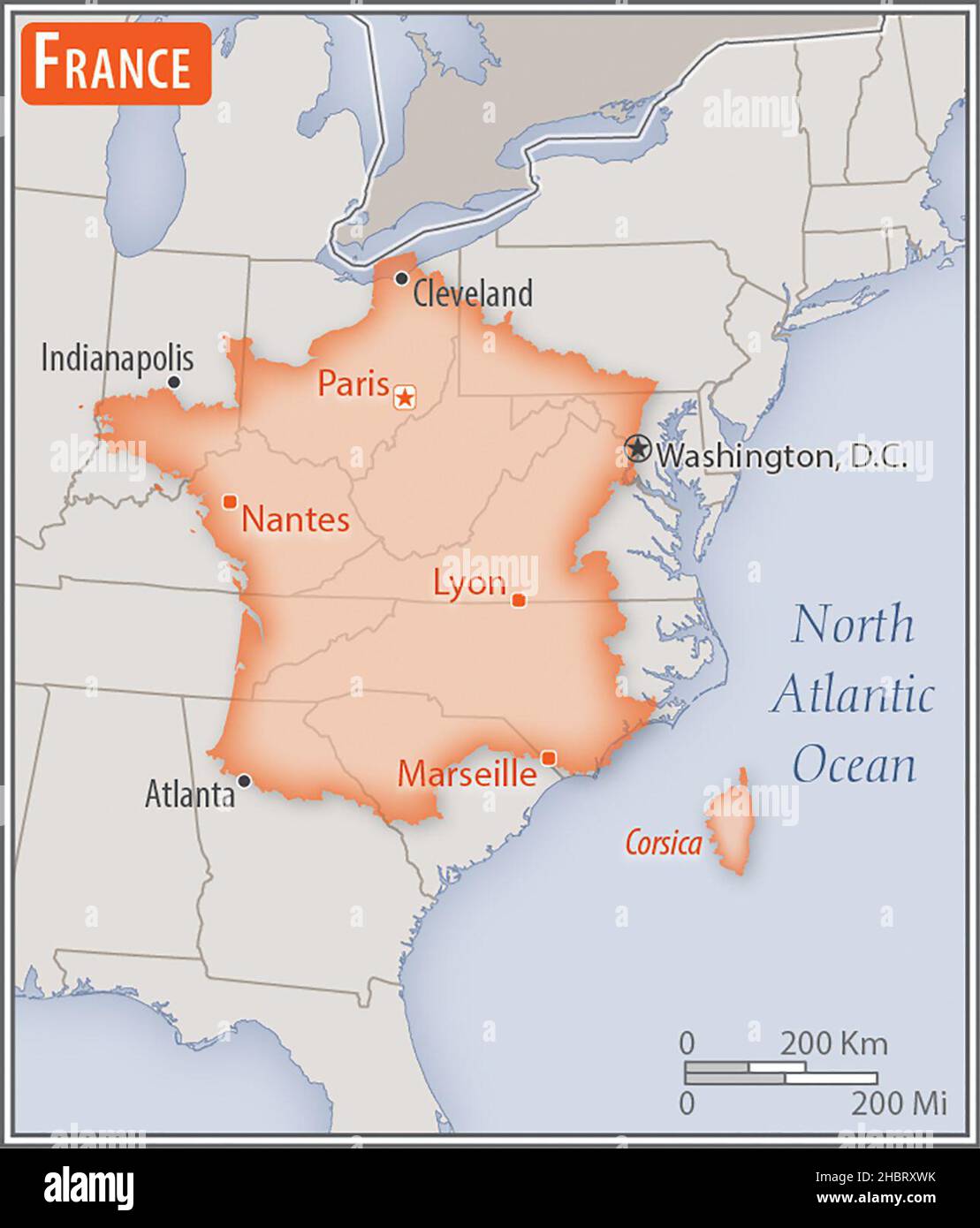 Mappa della Francia. Confronto delle aree di due paesi. L'area della Francia con le città più grandi (rossa) si sovrappone all'area degli Stati Uniti d'America (sfondo grigio) ca. 17 febbraio 2014 Foto Stock
