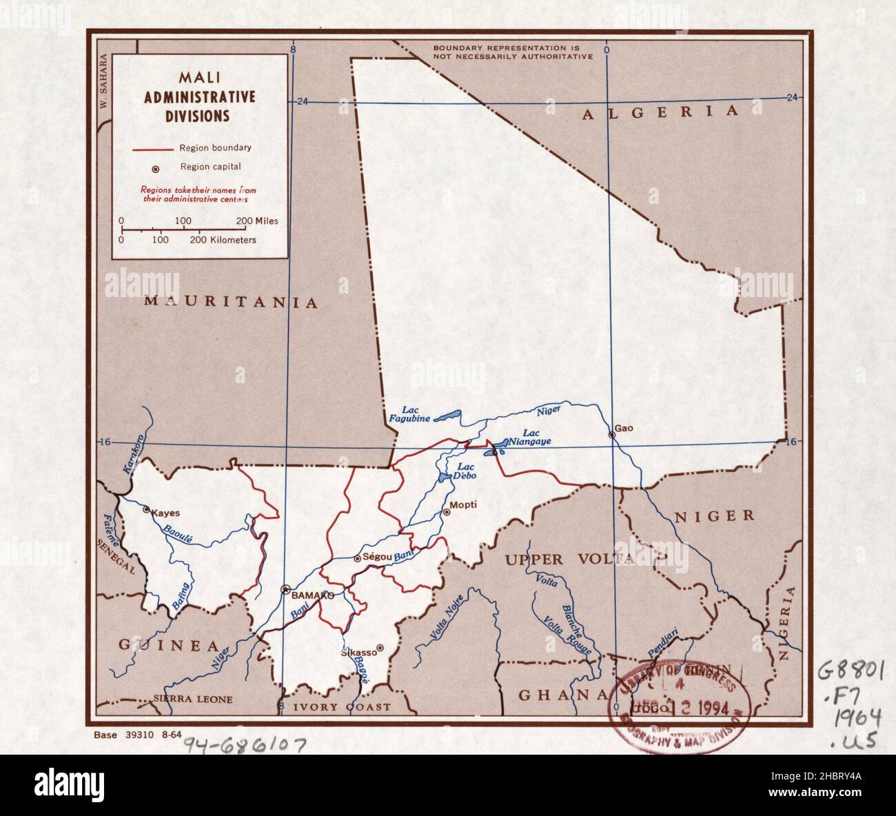 Mappa delle divisioni amministrative del Mali ca. 1964 Foto Stock