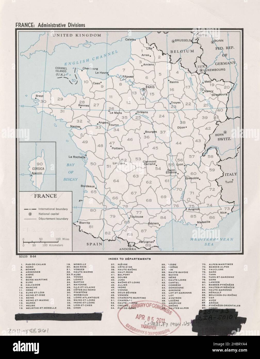 La mappa delle divisioni amministrative della Francia ca. 1964 Foto Stock