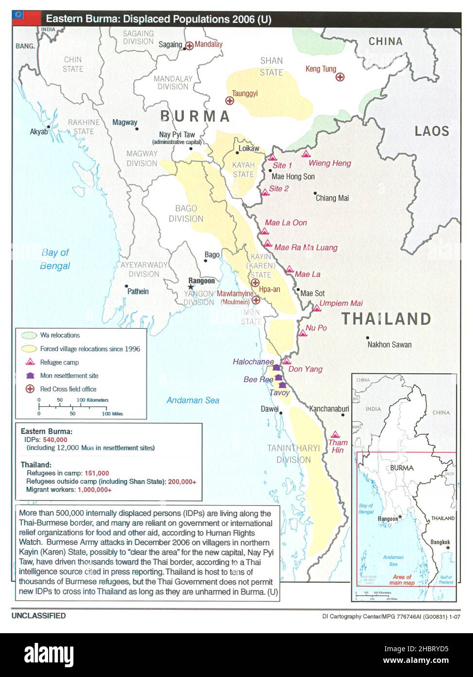 2006 Birmania orientale mappa delle popolazioni sfollate Foto Stock