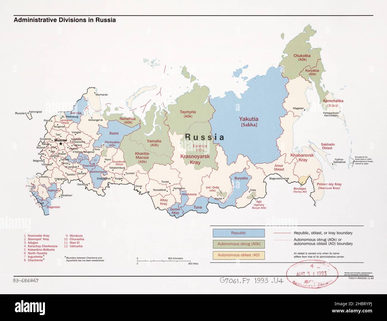 Russia carta delle divisioni amministrative ca. 1993 Foto Stock