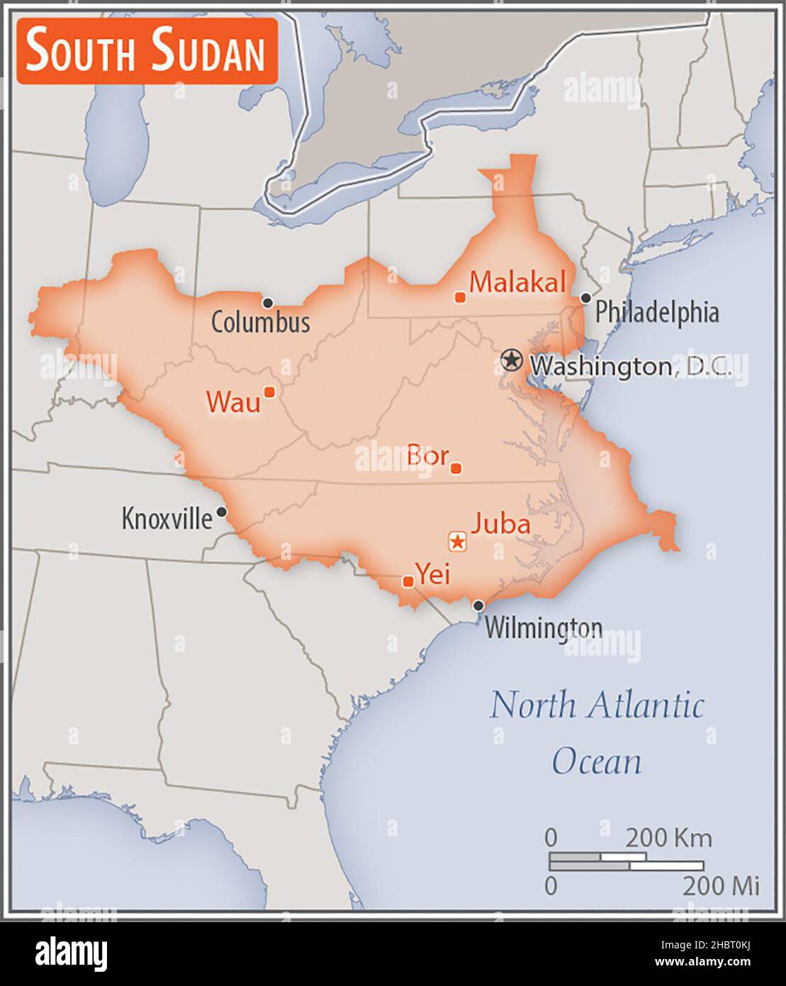 Mappa del Sudan del Sud. Confronto delle aree di due paesi. L'area del Sudan del Sud con le città più grandi (rosso) si sovrappone all'area degli Stati Uniti d'America (sfondo grigio). CA. 17 febbraio 2014 Foto Stock