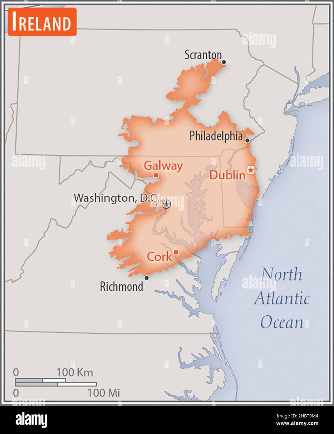 Mappa dell'Irlanda. Confronto delle aree di due paesi. L'area dell'Irlanda con le città più grandi (rossa) si sovrappone all'area degli Stati Uniti d'America (sfondo grigio) ca. 17 febbraio 2014 Foto Stock