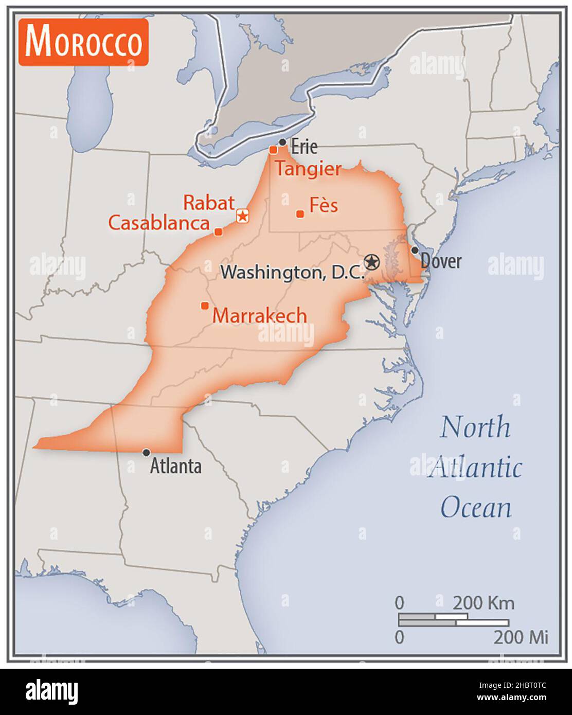 Mappa del Marocco. Confronto delle aree di due paesi. L'area del Marocco con le città più grandi (rosso) sovrappone l'area degli Stati Uniti d'America (sfondo grigio) ca. 17 febbraio 2014 Foto Stock