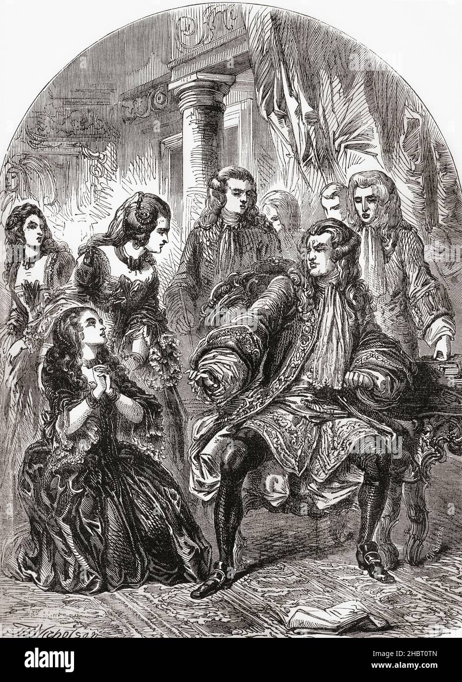 La contessa di Derwentwater implorando per la vita del marito James Radclyffe, 1715. Anna Maria Radcliffe, contessa di Derwentwater, 1693-1723, James Radclyffe, 3rd Conte di Derwentwater, 1689 – 1716. Jacobite inglese, giustiziato per tradimento. Dalla storia illustrata dell'Inghilterra di Cassell, pubblicato c.1890. Foto Stock
