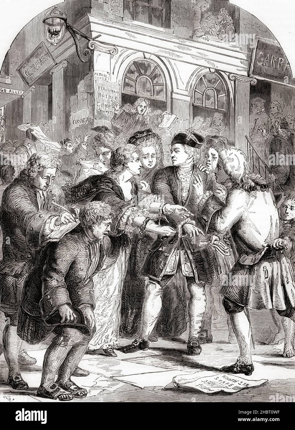 Cambia vicolo durante la frenesia del South Sea Bubble. La mania di speculazione nel 18th secolo Inghilterra che si è conclusa nella rovina finanziaria di molti dei suoi investitori, la South Sea Company è stata fondata nel 1711 con l'obiettivo di ristrutturare il debito pubblico e ripristinare il credito pubblico. Dalla storia illustrata dell'Inghilterra di Cassell, pubblicato c.1890. Foto Stock