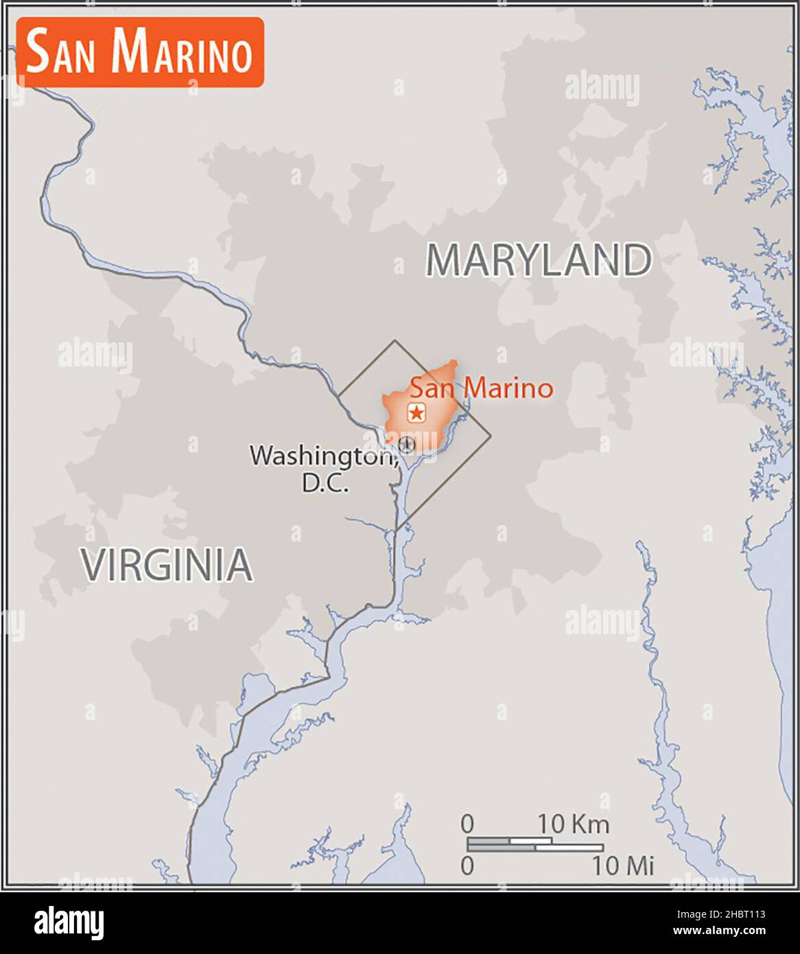 Mappa di San Marino. Confronto delle aree di due paesi. L'area di San Marino con le città più grandi (rossa) si sovrappone all'area degli Stati Uniti d'America (sfondo grigio). CA. 17 febbraio 2017 Foto Stock