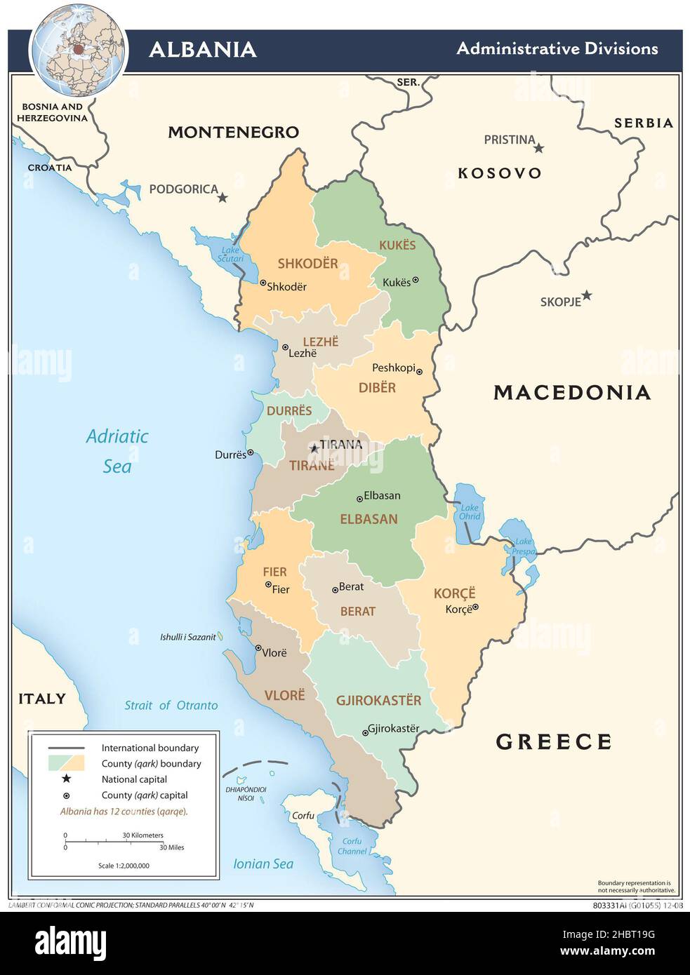Mappa delle divisioni amministrative dell'Albania, 2008 Foto Stock