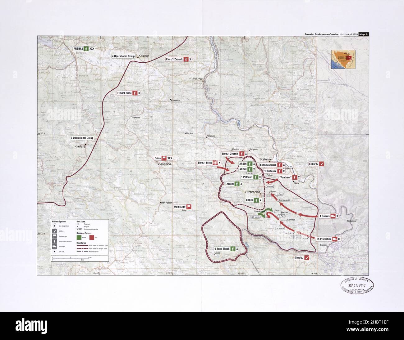 Mappa militare della Bosnia: Srebrenica-Cerska, marzo-aprile 1993 Foto Stock