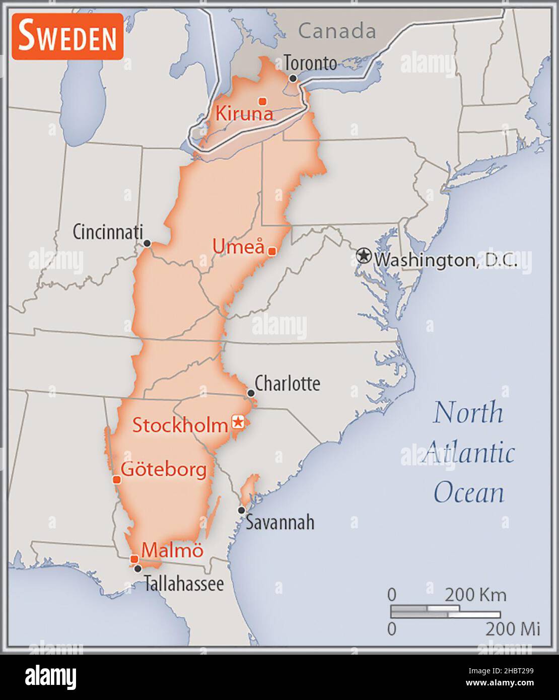 Confronto delle aree di due paesi. L'area della Svezia con le città più grandi (rossa) si sovrappone all'area degli Stati Uniti d'America (sfondo grigio) ca. 17 febbraio 2017 Foto Stock