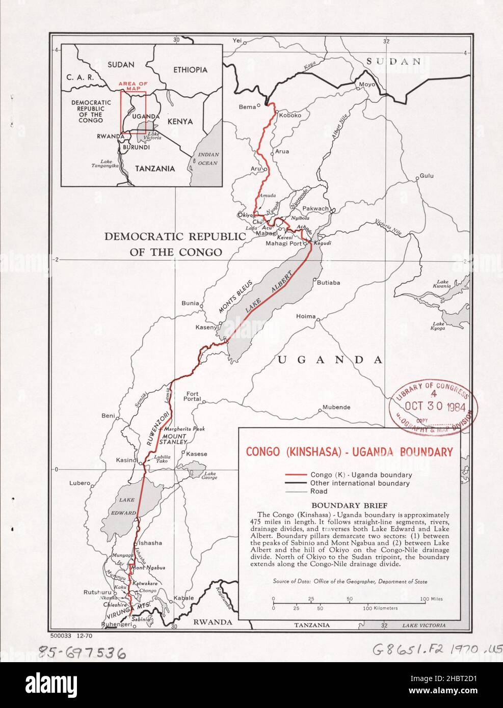 Mappa del Congo - confine Uganda / Mappa del Congo (Kinasha) - confine Uganda ca. 1970 Foto Stock