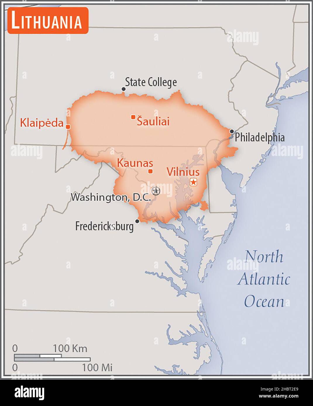 Mappa della Lituania. Confronto delle aree di due paesi. L'area della Lituania con le città più grandi (rossa) si sovrappone all'area degli Stati Uniti d'America (sfondo grigio) ca. 17 febbraio 2014 Foto Stock