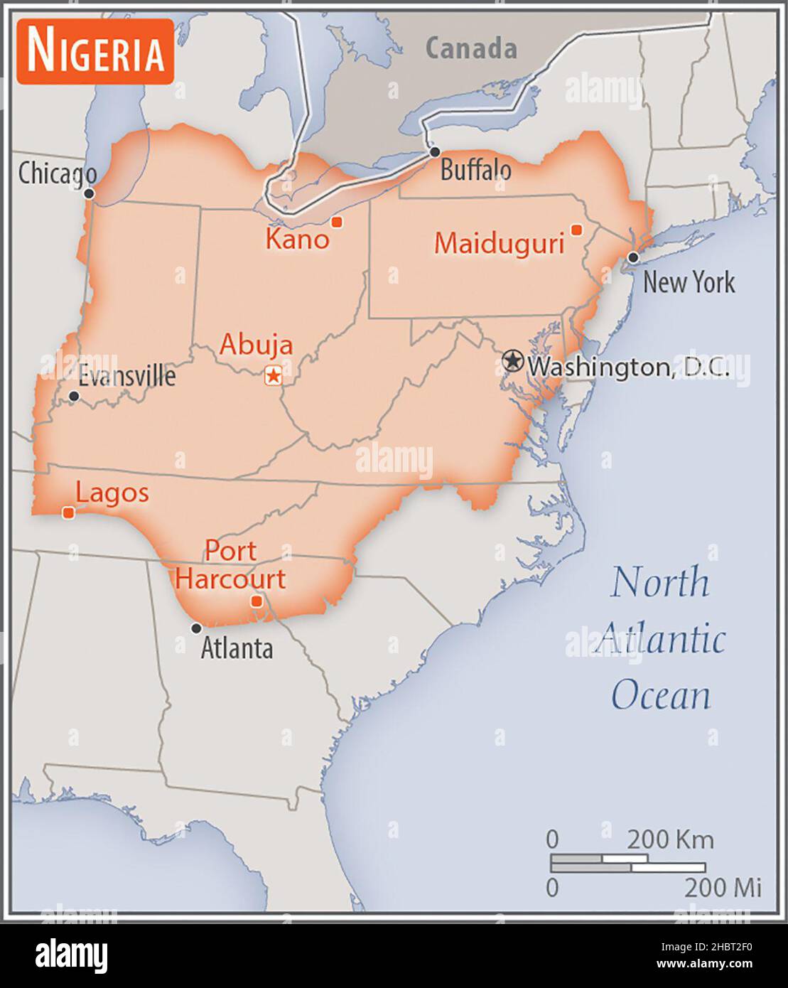 Mappa della Nigeria. Confronto delle aree di due paesi. L'area della Nigeria con le città più grandi (rossa) si sovrappone all'area degli Stati Uniti d'America (sfondo grigio). CA. 17 febbraio 2014 Foto Stock