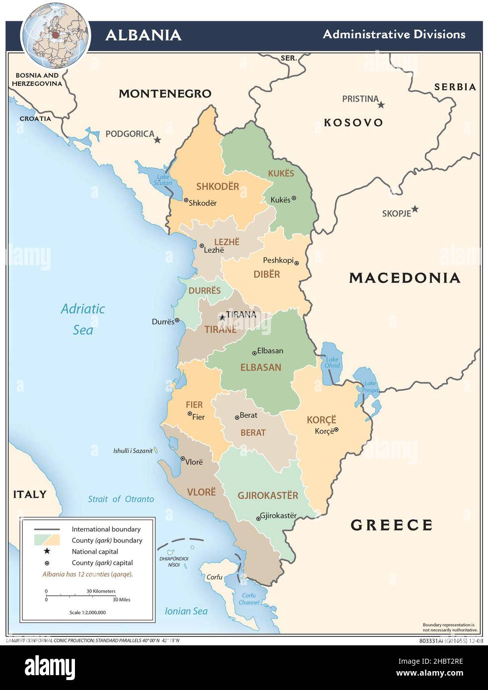 2008 Mappa delle divisioni amministrative dell'Albania Foto Stock