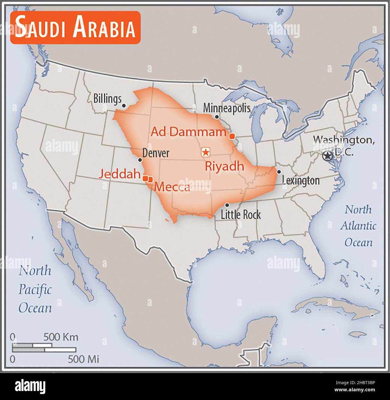 Mappa dell'Arabia Saudita. Confronto delle aree di due paesi. L'area dell'Arabia Saudita con le città più grandi (rossa) si sovrappone all'area degli Stati Uniti d'America (sfondo grigio). CA. 17 febbraio 2014 Foto Stock