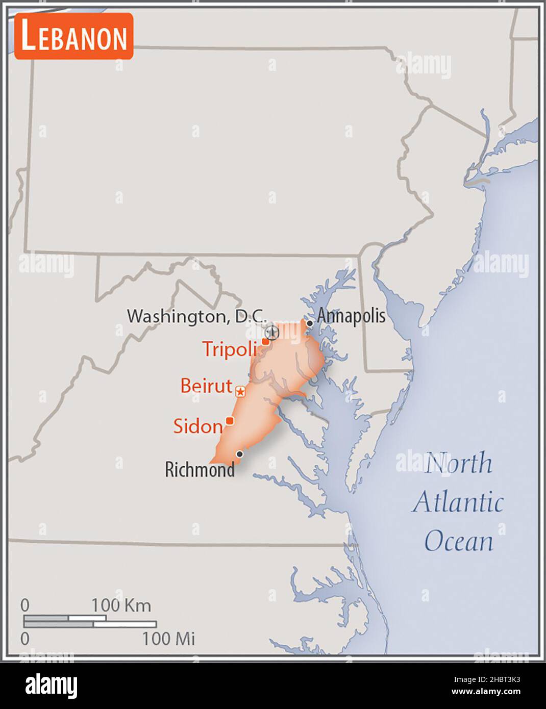 Mappa del Libano. Confronto delle aree di due paesi. L'area del Libano con le città più grandi (rosso) sovrappone l'area degli Stati Uniti d'America (sfondo grigio) ca. 17 febbraio 2014 Foto Stock