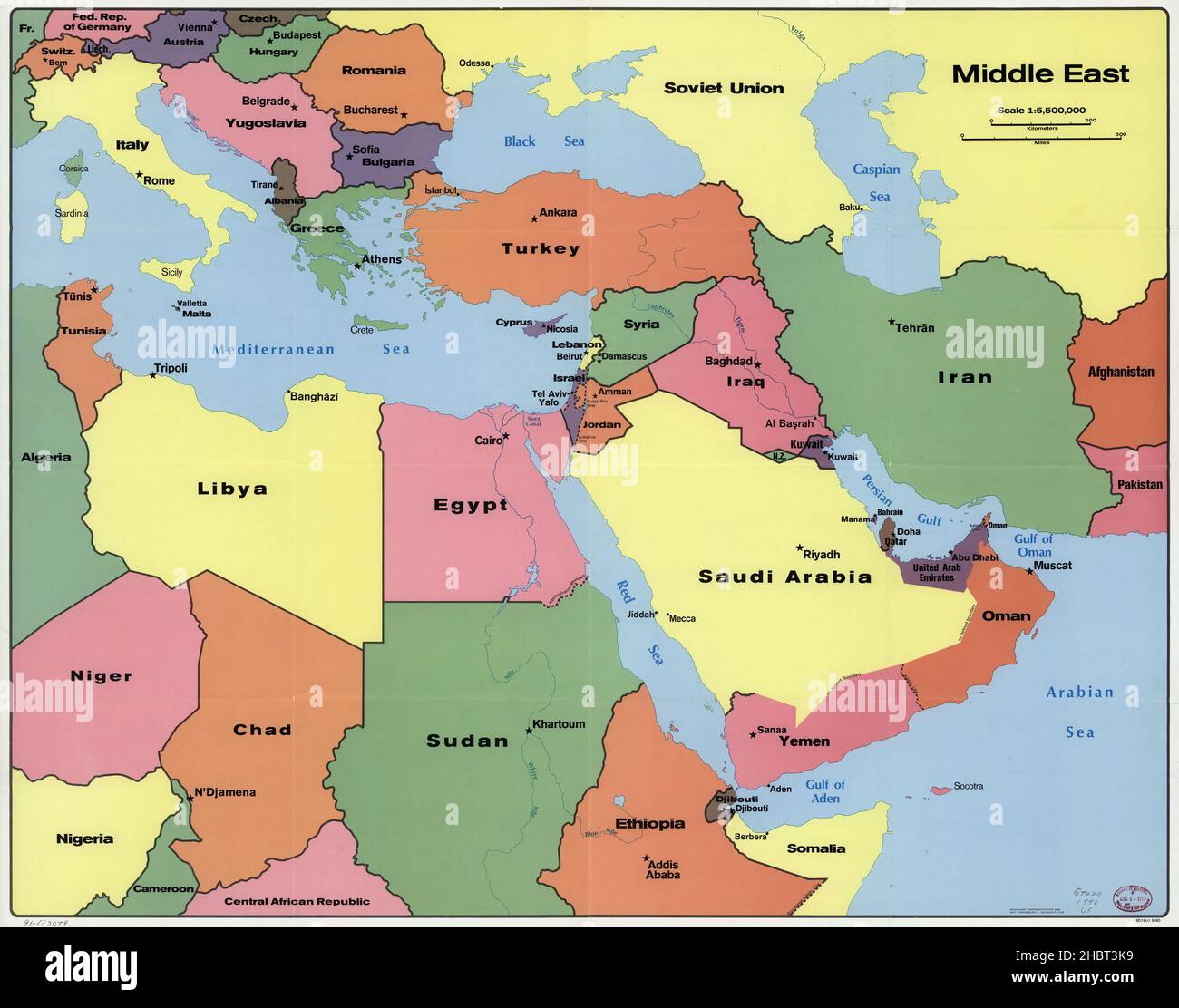 Mappa del Medio Oriente ca. 1990 Foto Stock