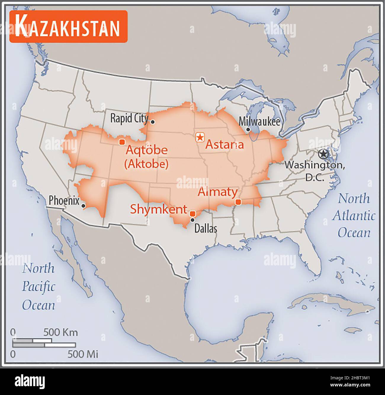 Mappa del Kazakistan. Confronto delle aree di due paesi. L'area del Kazakistan con le città più grandi (rosso) si sovrappone all'area degli Stati Uniti d'America (sfondo grigio) ca. 17 febbraio 2014 Foto Stock