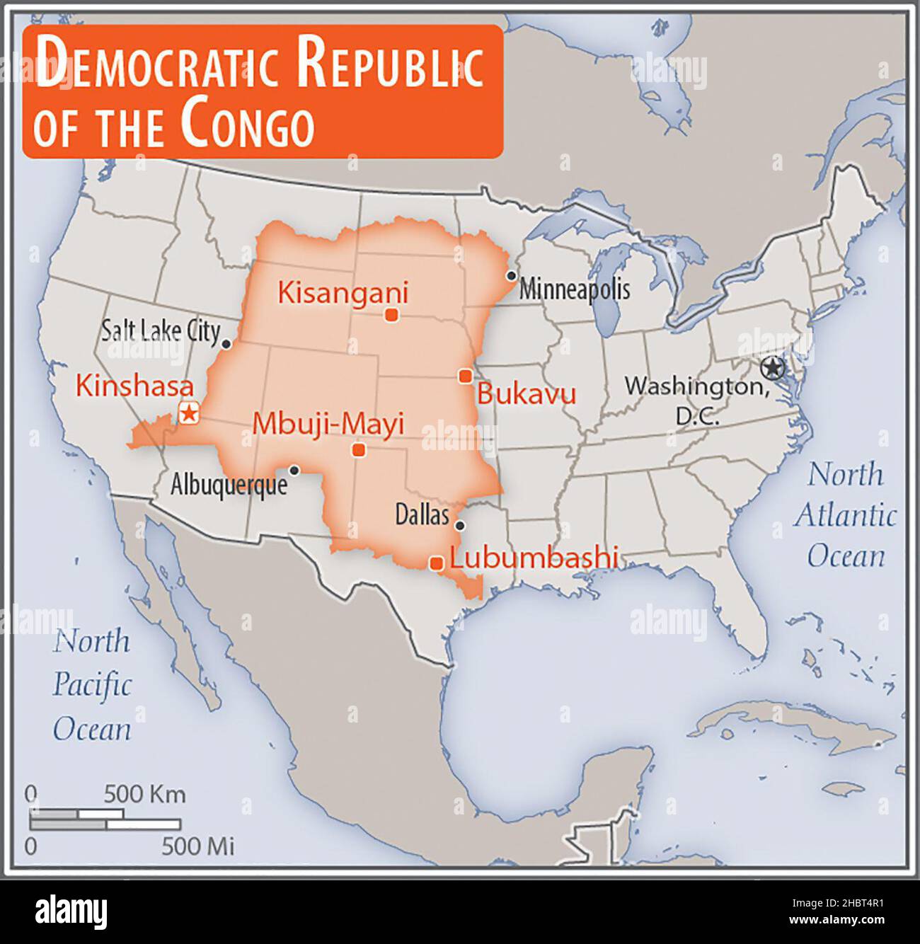 Carta della Repubblica Democratica del Congo. Confronto delle aree di due paesi. L'area della Repubblica Democratica del Congo con le città più grandi (rosso) sovrappone l'area degli Stati Uniti d'America (sfondo grigio) ca. 17 febbraio 2014 Foto Stock