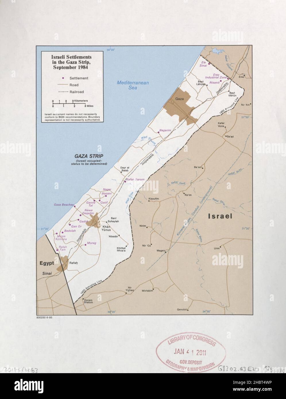 Mappa degli insediamenti israeliani nella striscia di Gaza nel settembre 1984 Foto Stock