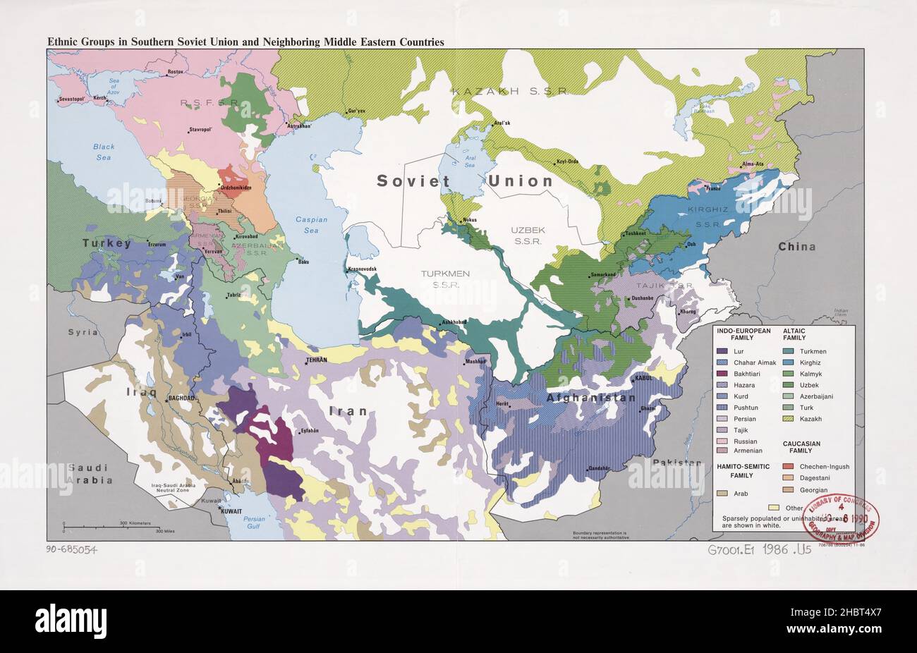 Mappa dei gruppi etnici dell'Unione Sovietica meridionale e dei paesi vicini del Medio Oriente ca. 1986 Foto Stock