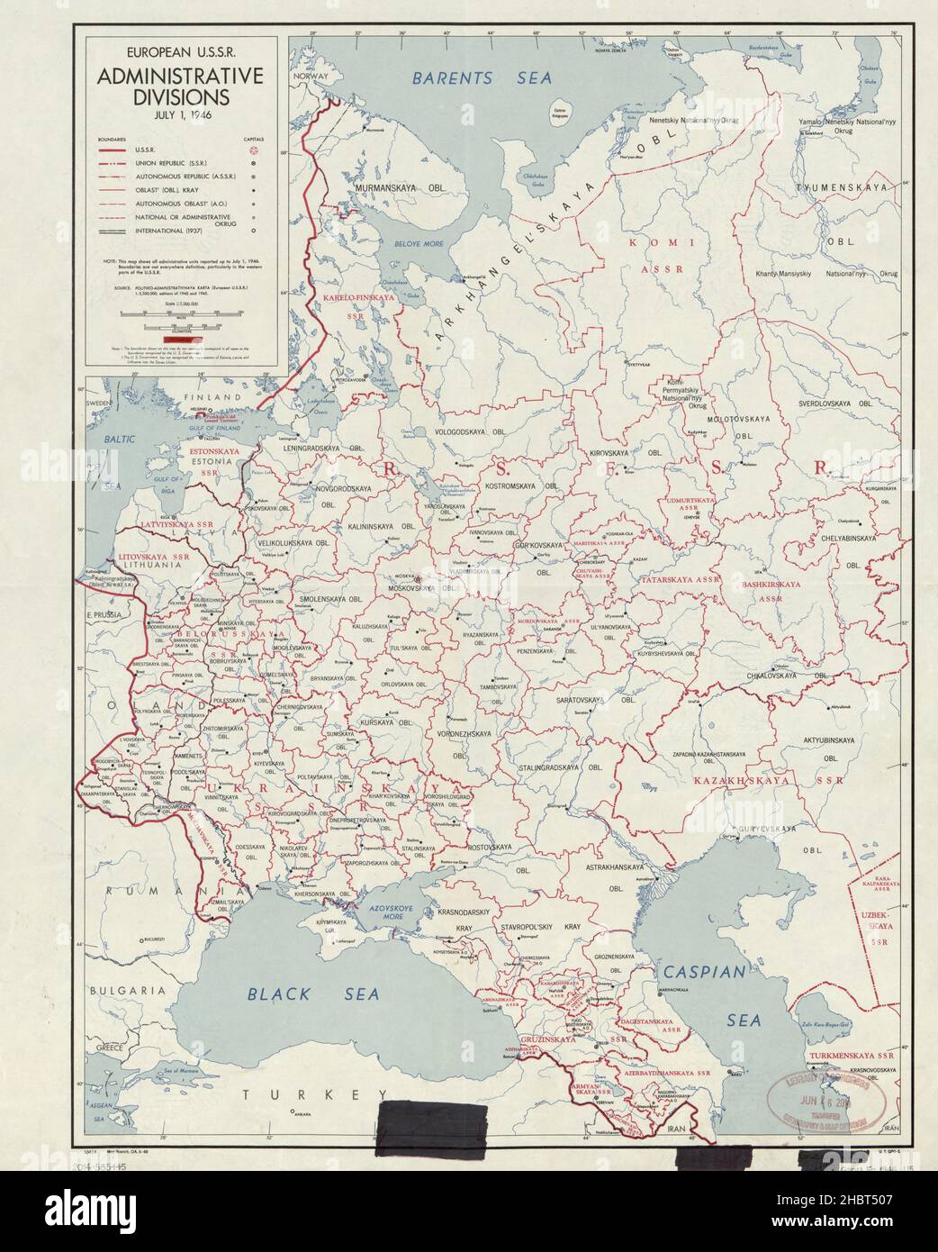 European U.S.R. divisioni amministrative - 1 luglio 1946 Mappa - Mostra oblast, kray, divisioni amministrative autonome a livello di repubblica e i loro centri. Mostra anche i confini internazionali pre-seconda guerra mondiale nei territori occidentali annessi Foto Stock