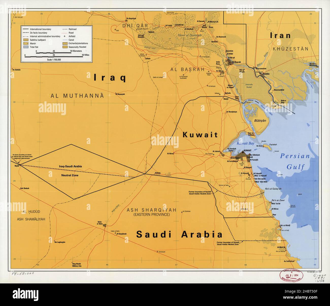 Mappa del Medio Oriente - Mostra i paesi ad ovest del Golfo Persico, il Kuwait e i paesi circostanti, parti di Iraq, Iran e Arabia Saudita. Mostra anche de facto confini ca. 1991 Foto Stock