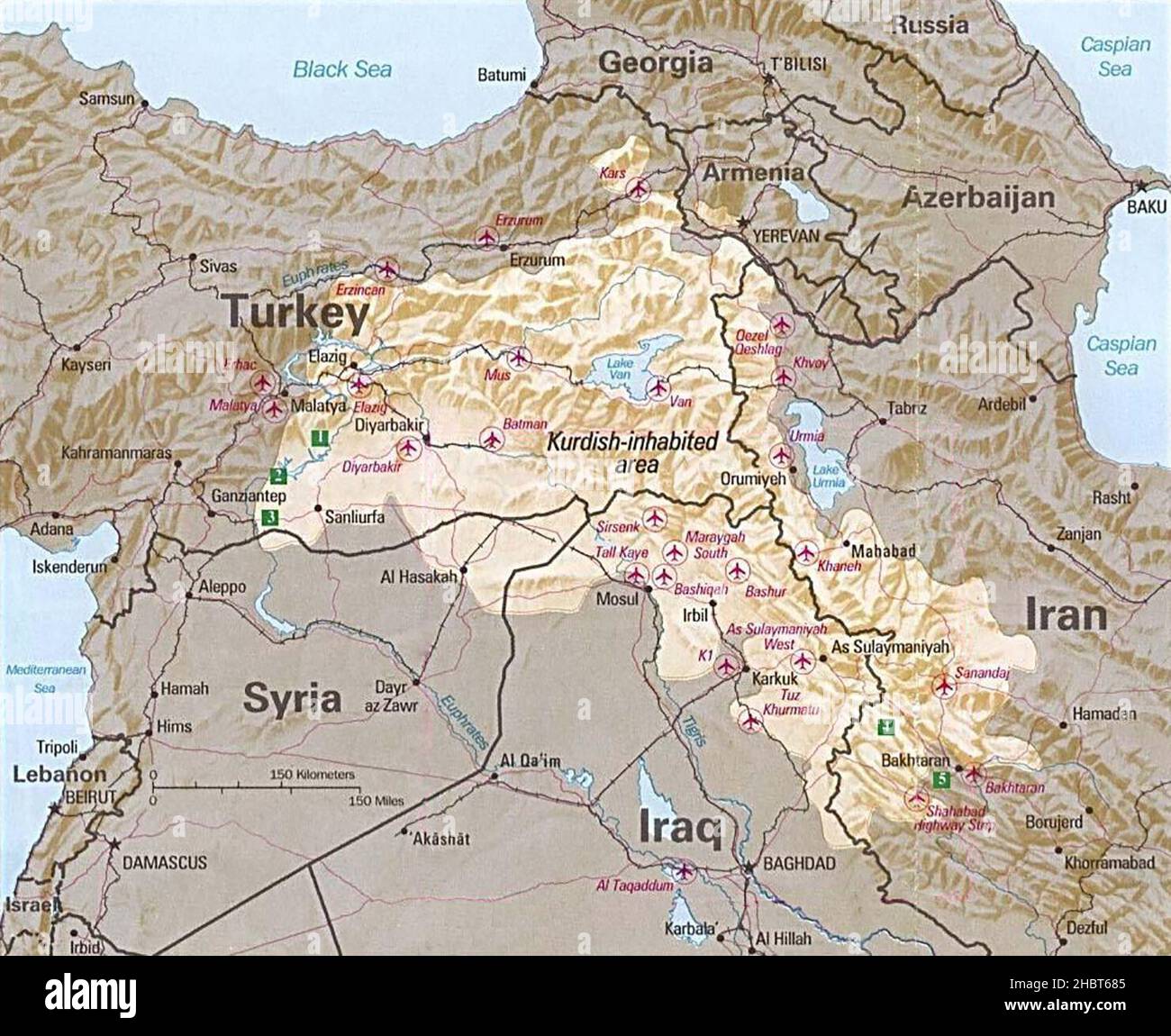 Mappa CIA delle aree curde-abitate del Medio Oriente ca. Agosto 1992 Foto Stock