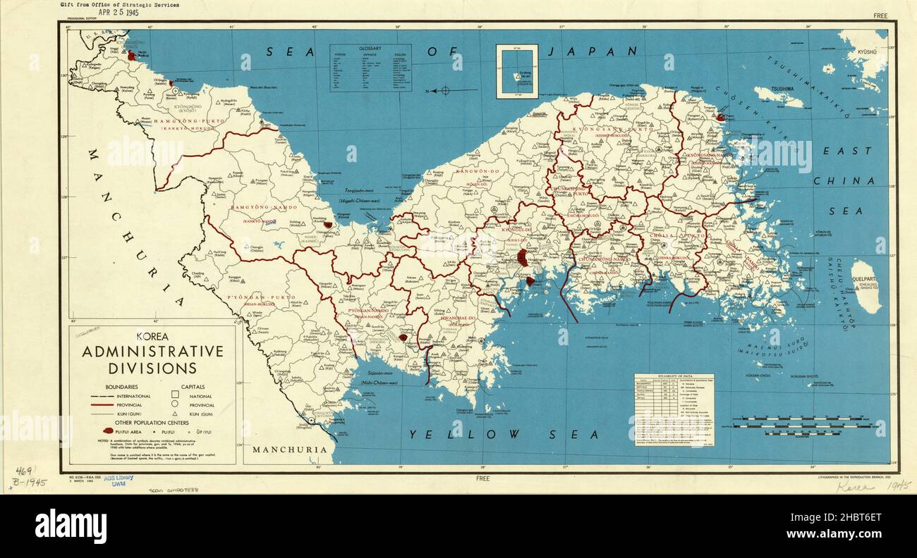 Mappa delle divisioni amministrative della Corea del 1945 Foto Stock