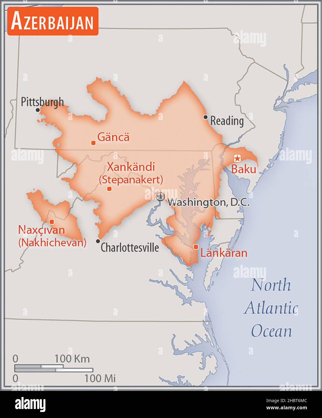 Mappa di Azerbaigian. Confronto delle aree di due paesi. L'area dell'Azerbaigian con le città più grandi (rosso) si sovrappone all'area degli Stati Uniti d'America (sfondo grigio) Foto Stock