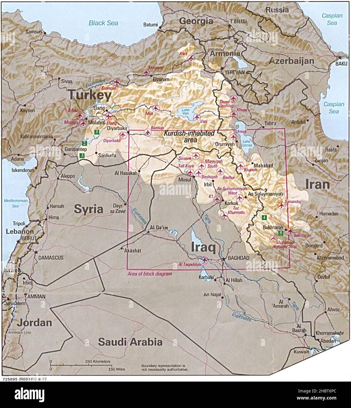 Mappa del 1992 delle terre curde in Medio Oriente Foto Stock