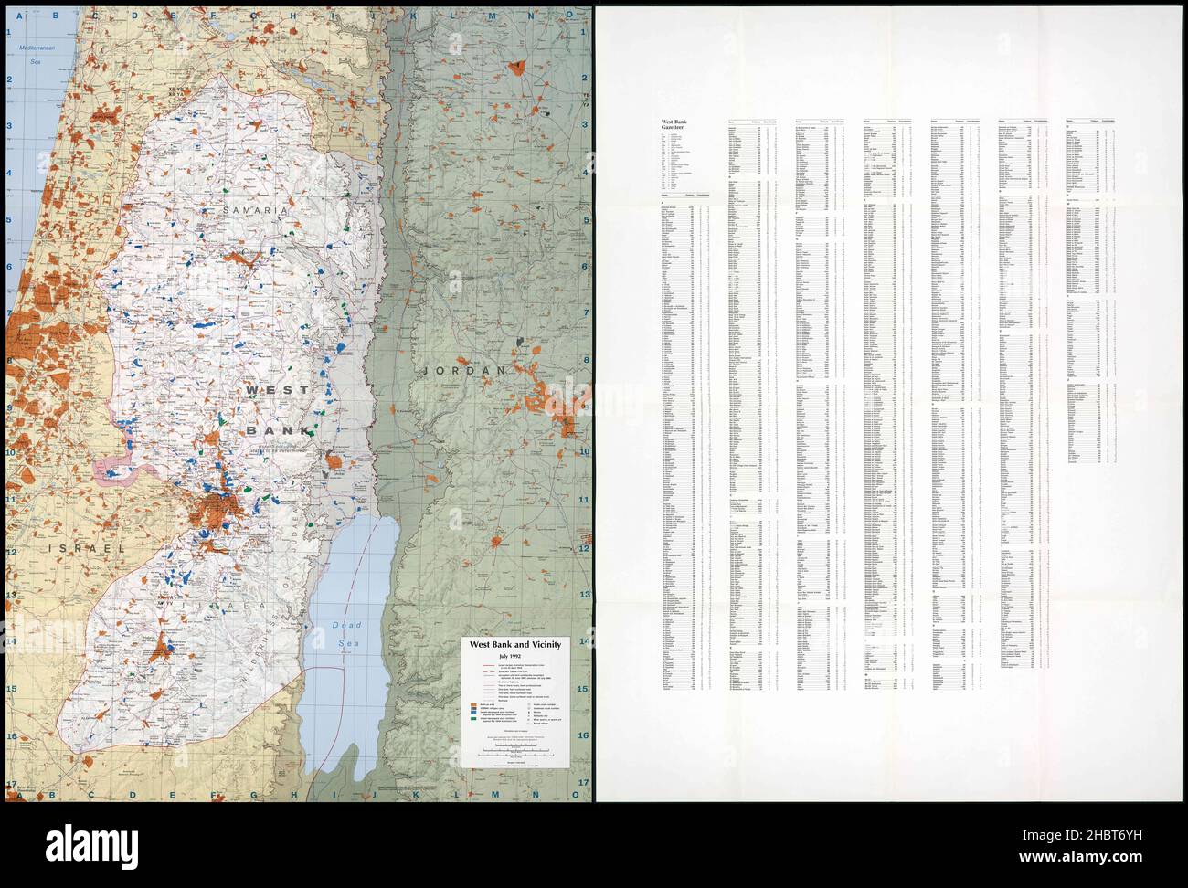 Mappa dettagliata di Mercatore della Cisgiordania e della vicinanza con l'indice dei luoghi palestinesi e degli insediamenti israeliani, luglio 1992 Foto Stock