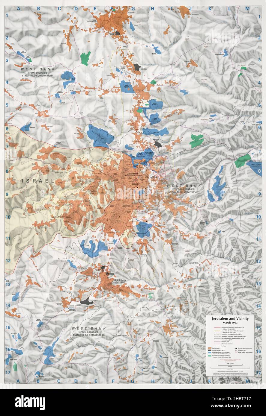 Mappa dettagliata di Gerusalemme e dintorni con insediamenti israeliani, marzo 1993 Foto Stock