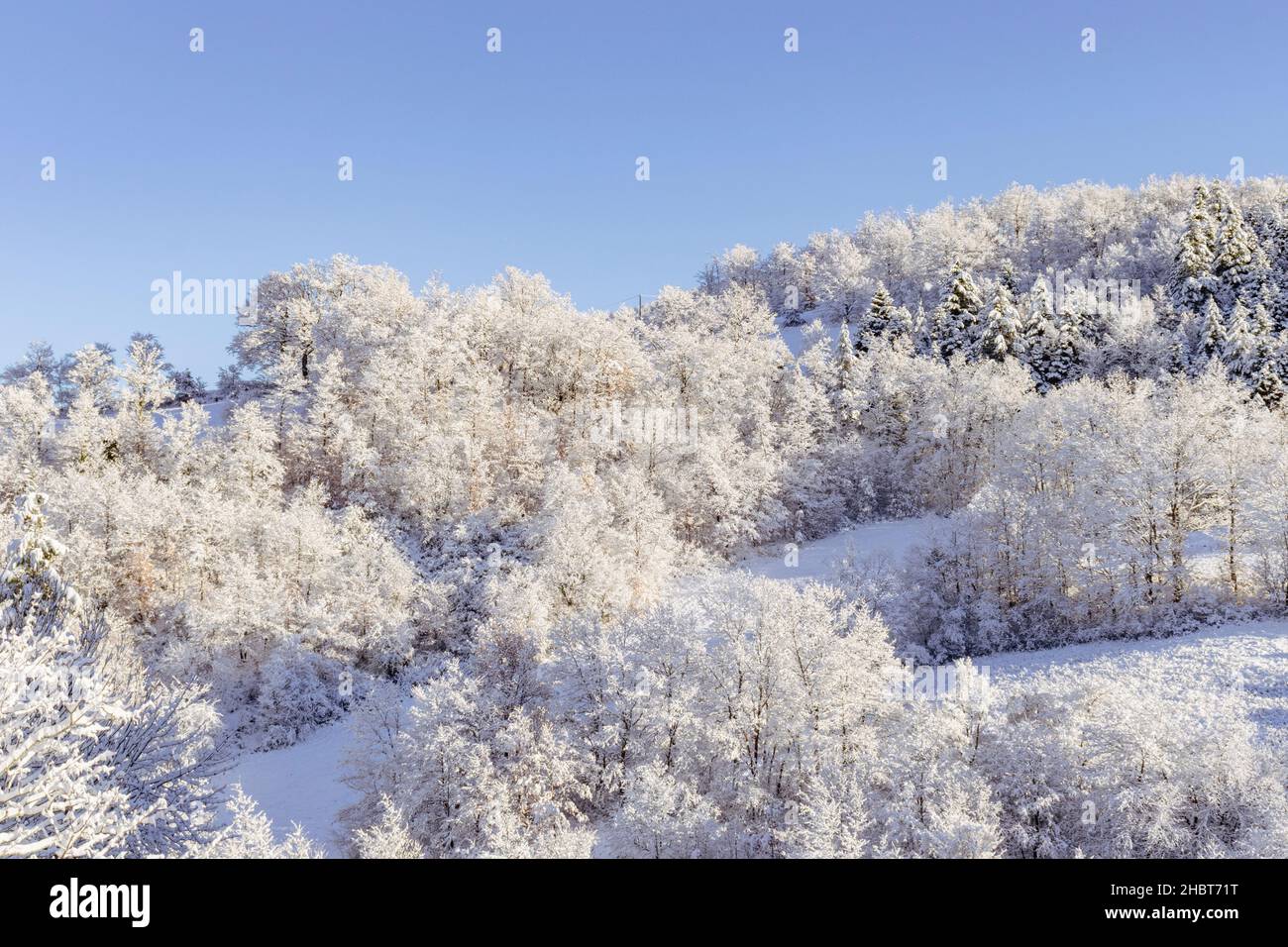 Vista ad angolo alto di montagne innevate e vegetazione. Cielo limpido. Appennini toscani-emiliani, Italia. Spazio di copia. Foto Stock
