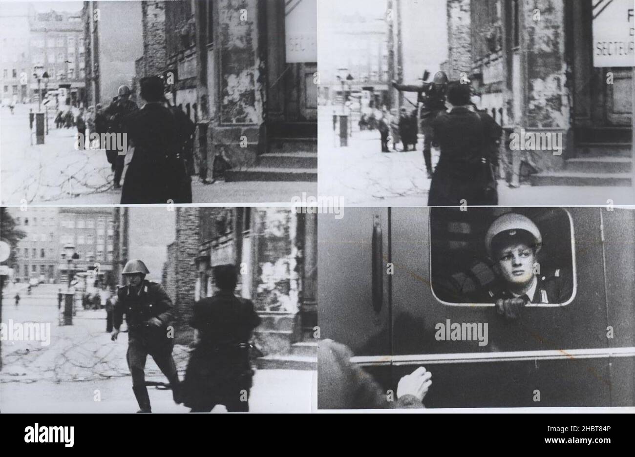 Fine agosto 1961. La guardia della Germania orientale Conrad Schumann salta in libertà a Berlino Ovest Foto Stock