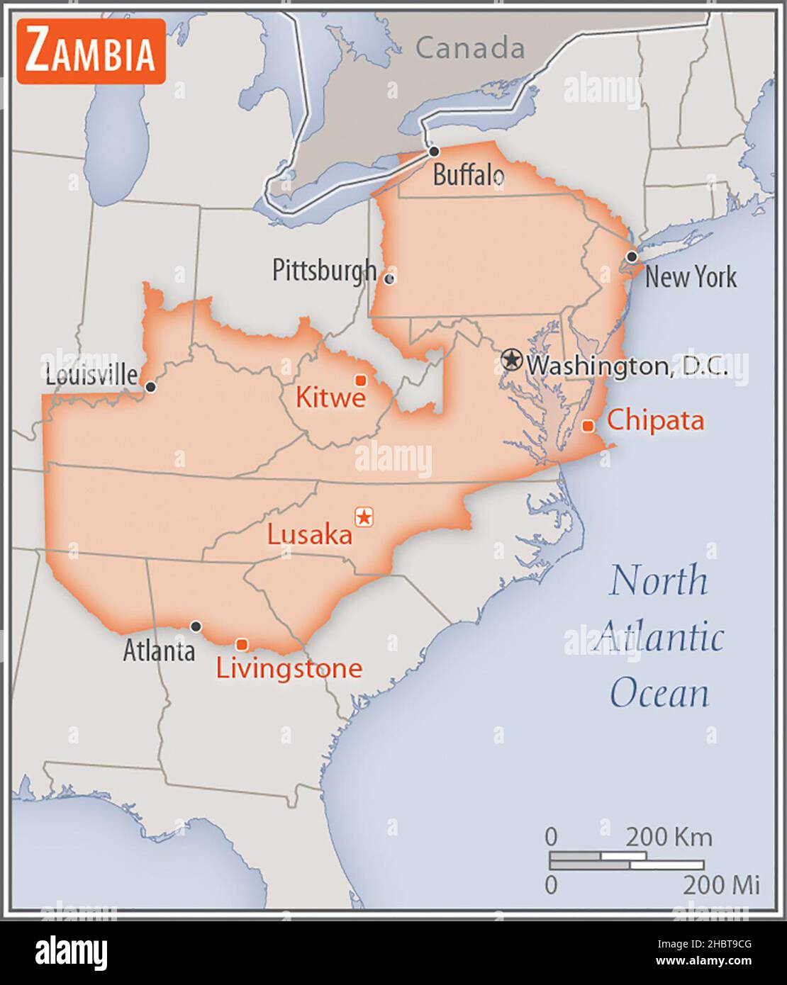 Mappa dello Zambia. Confronto delle aree di due paesi. L'area dello Zambia con le città più grandi (rossa) si sovrappone all'area degli Stati Uniti d'America (sfondo grigio). CA. 17 febbraio 2017 Foto Stock