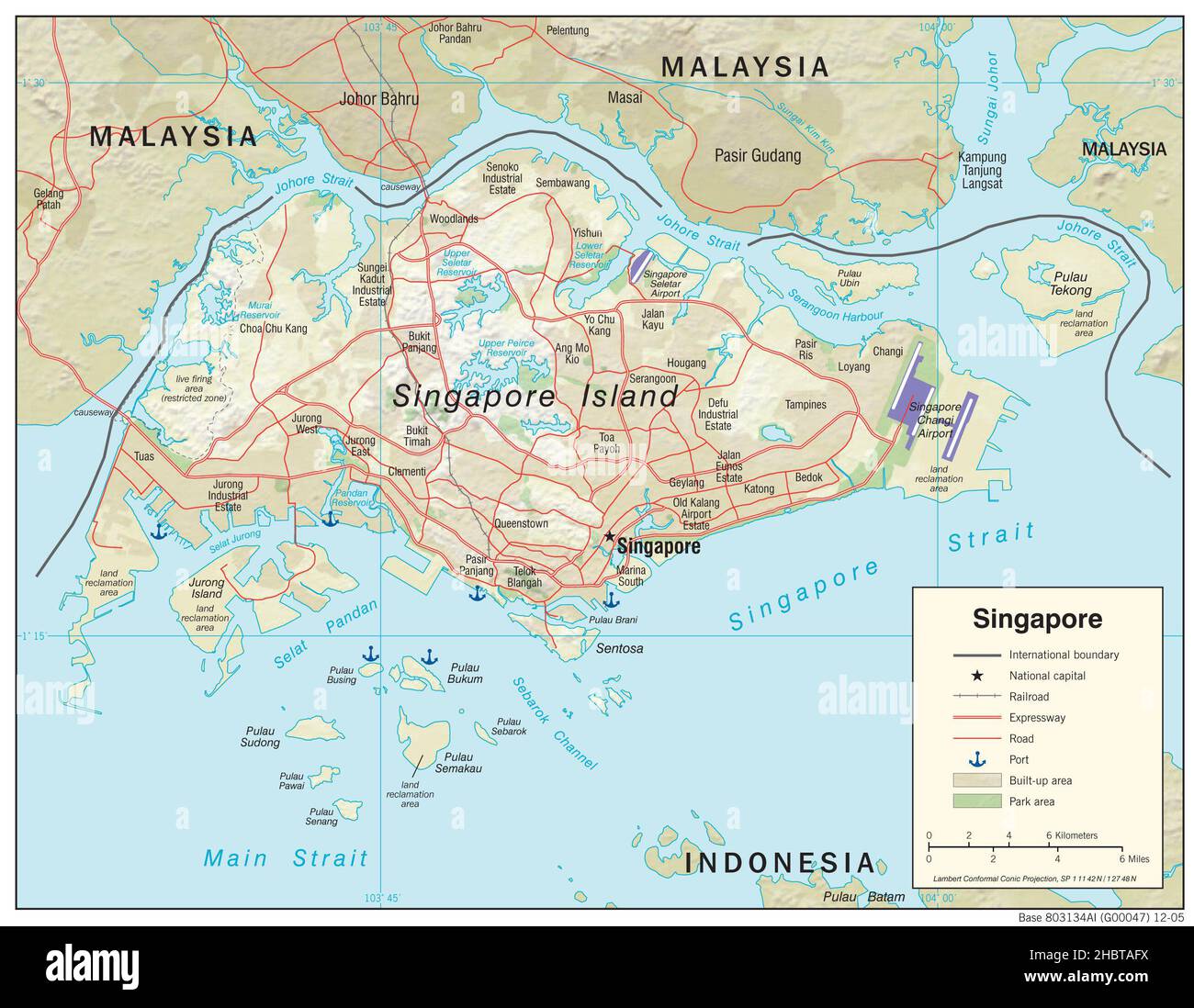 Mappa topografica di Singapore (rilievo ombreggiato), 2005 Foto Stock