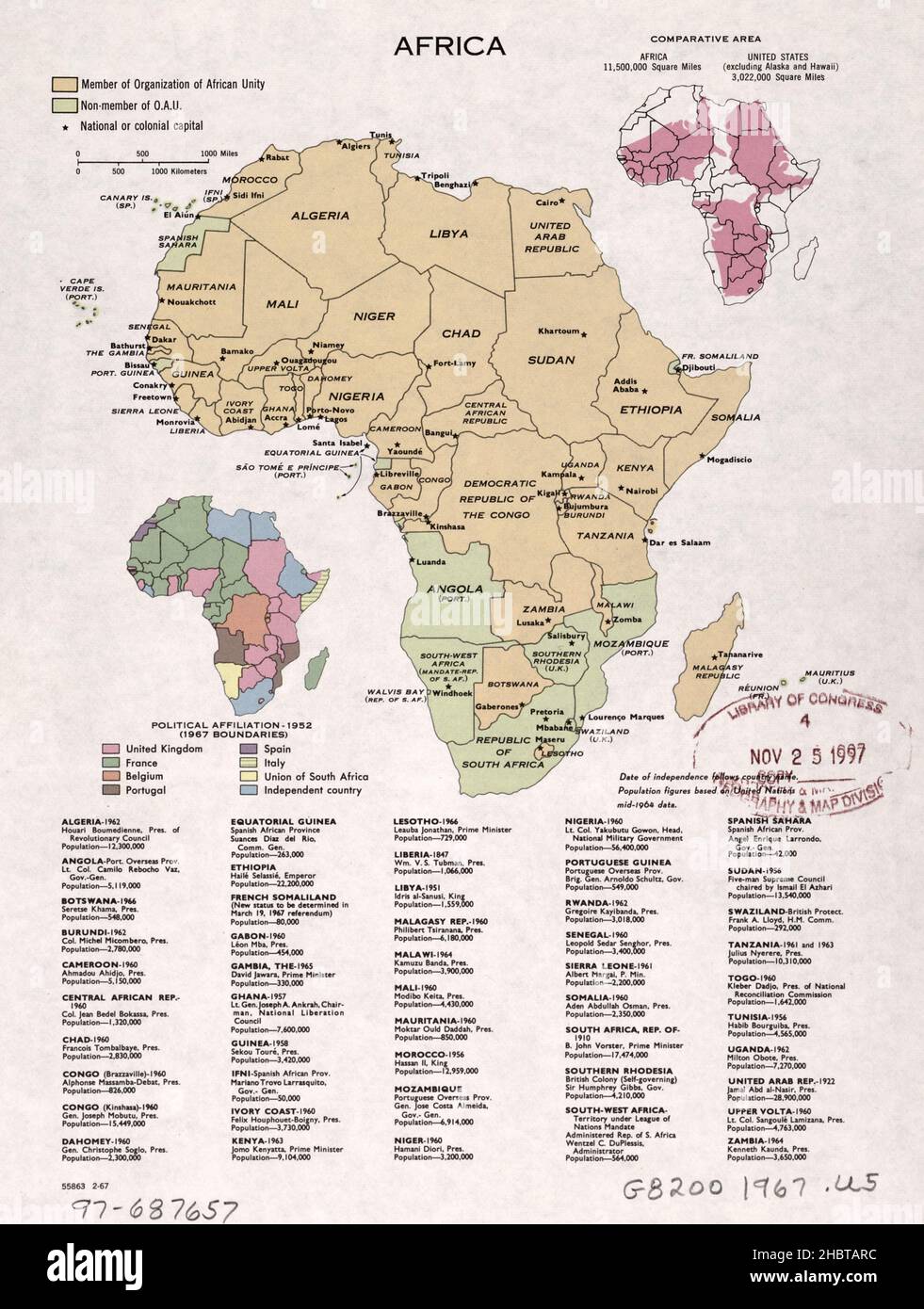 1967 Mappa che mostra i paesi membri dell'Organizzazione dell'unità Africana. Include una mappa comparativa dell'area, una mappa che mostra l'affiliazione politica, 1952, e un elenco dei leader governativi e della popolazione Foto Stock