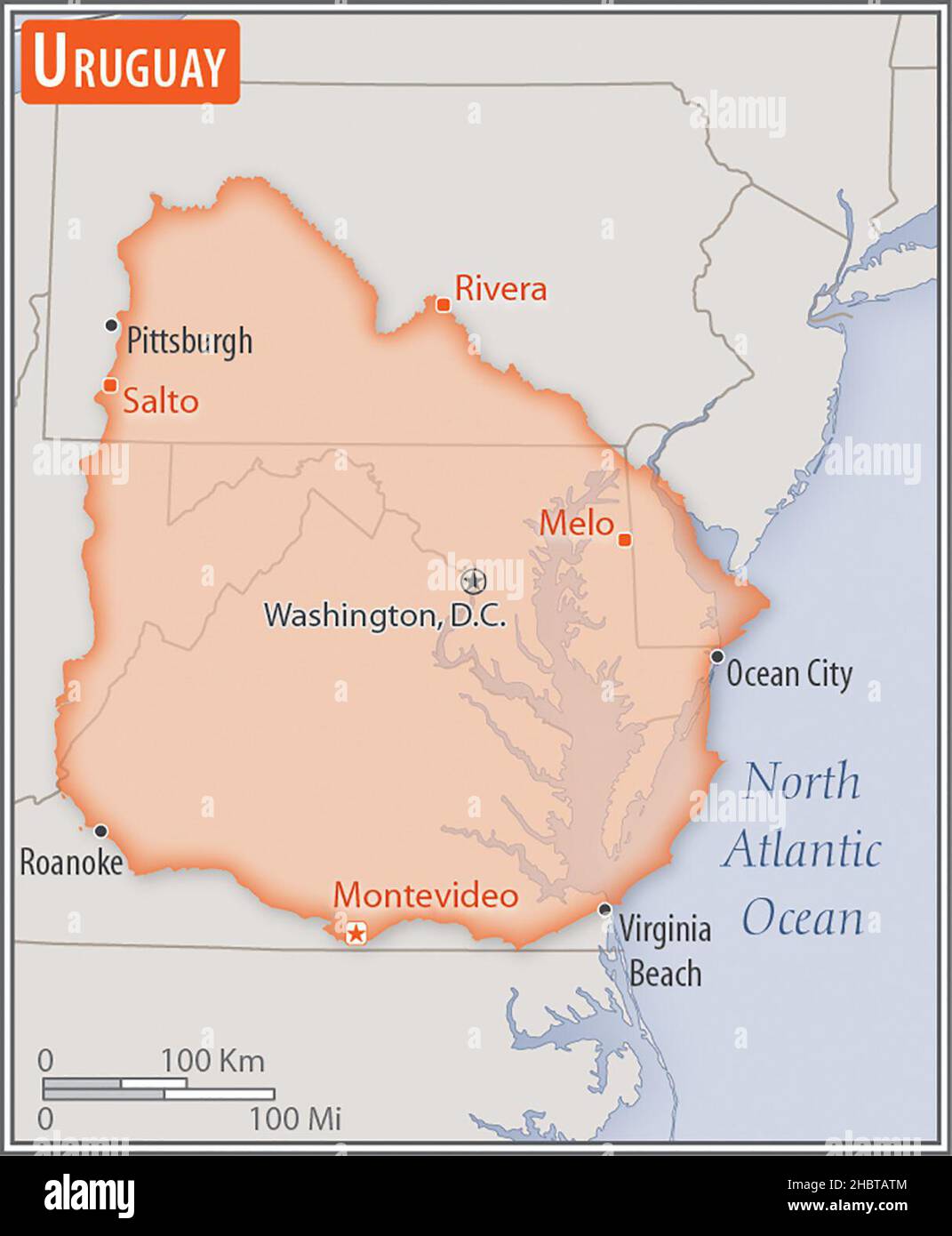 Mappa dell'Uruguay. Confronto delle aree di due paesi. L'area dell'Uruguay con le città più grandi (rosso) si sovrappone all'area degli Stati Uniti d'America (sfondo grigio) ca. 17 febbraio 2017 Foto Stock