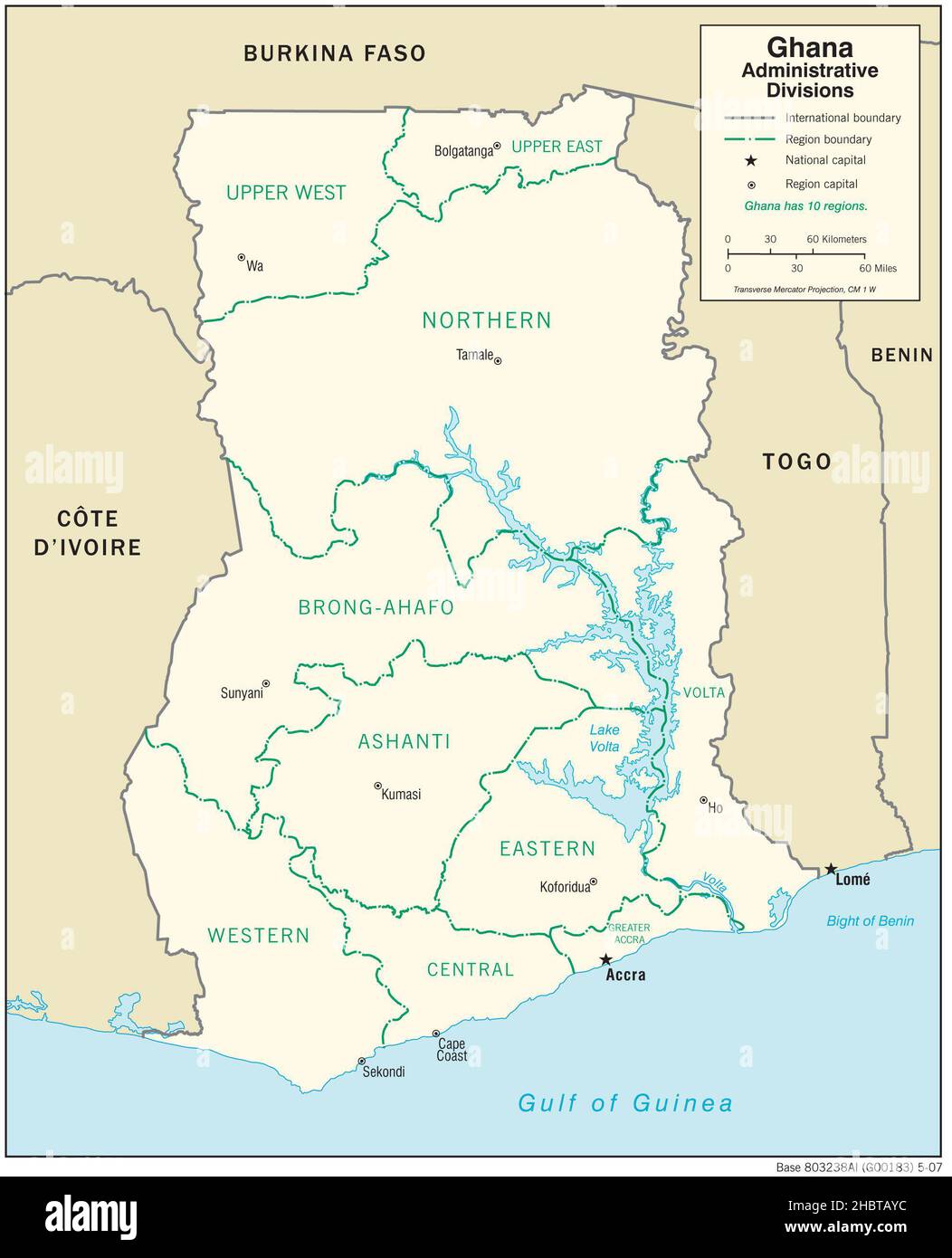 Mappa delle divisioni amministrative del Ghana, 2007 Foto Stock