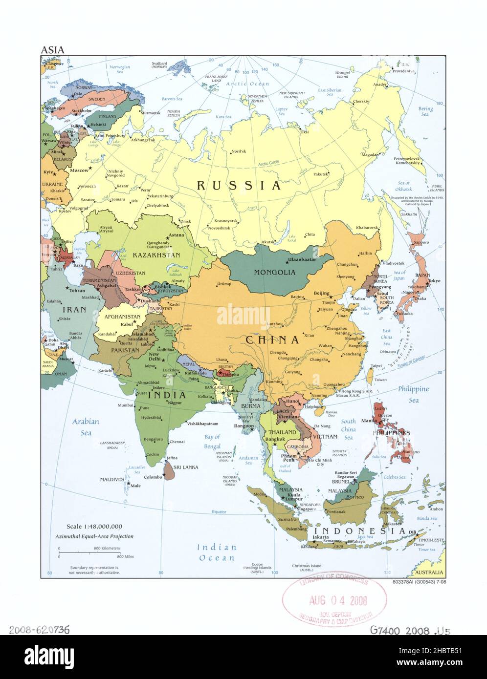 Mappa dell'Asia - mostra i paesi, le capitali e altre città principali ca. 2008 Foto Stock