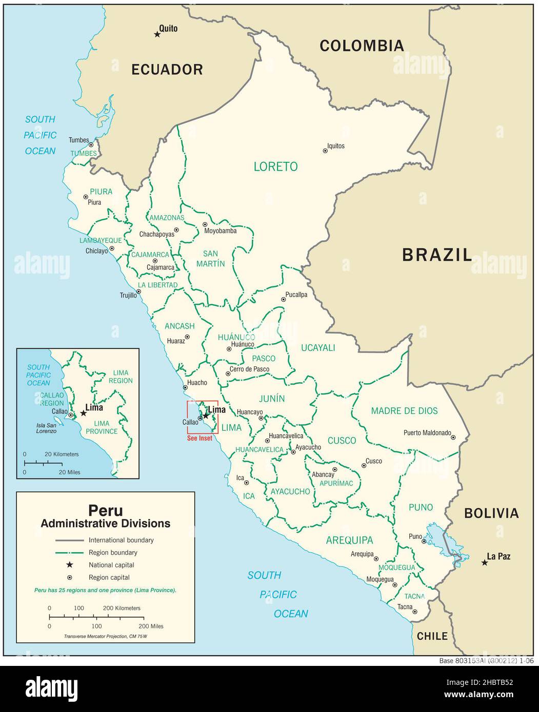 Mappa delle divisioni amministrative del Perù, 2006 Foto Stock