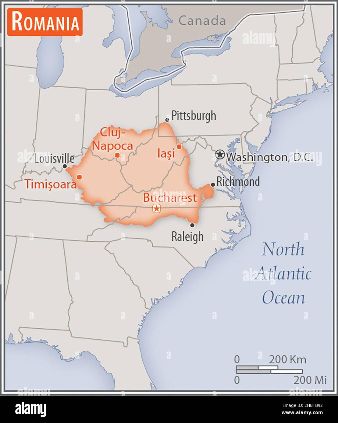 Mappa della Romania. Confronto delle aree di due paesi. L'area della Romania con le città più grandi (rosso) sovrappone l'area degli Stati Uniti d'America (sfondo grigio) ca. 17 febbraio 2017 Foto Stock