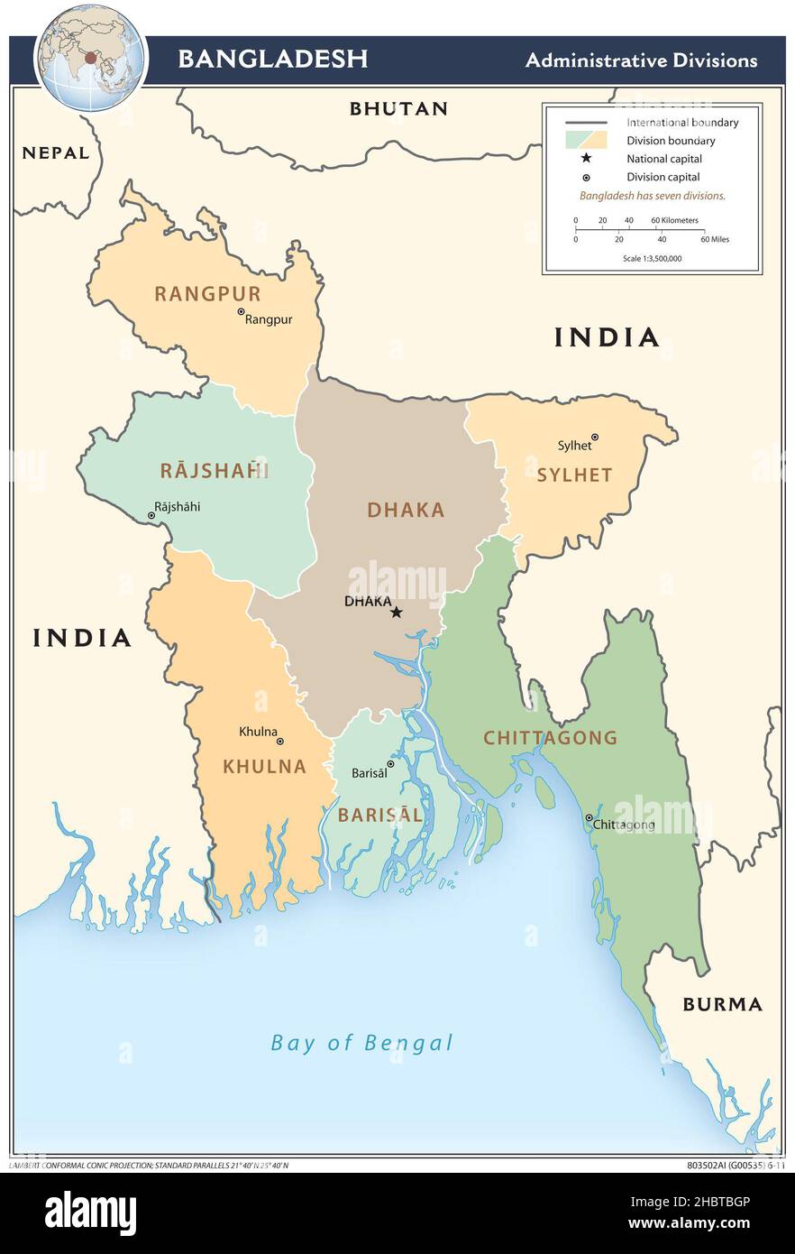 Mappa delle divisioni amministrative del Bangladesh, 2011 Foto Stock