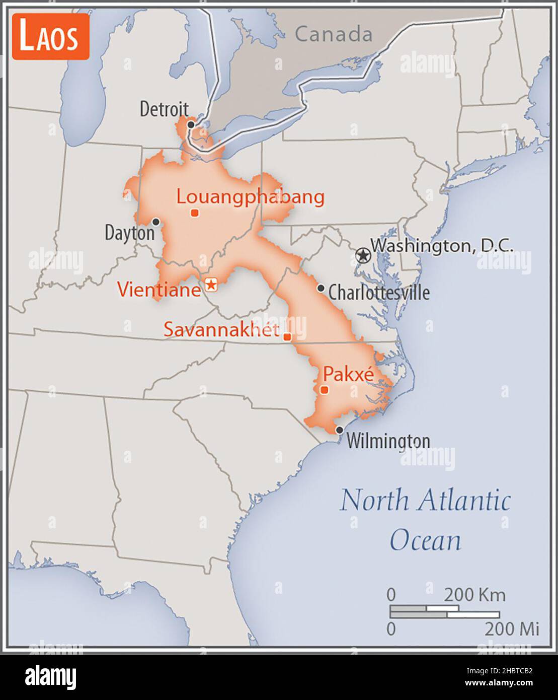 Mappa del Laos. Confronto delle aree di due paesi. L'area del Laos con le città più grandi (rosso) si sovrappone all'area degli Stati Uniti d'America (sfondo grigio) ca. 17 febbraio 2017 Foto Stock