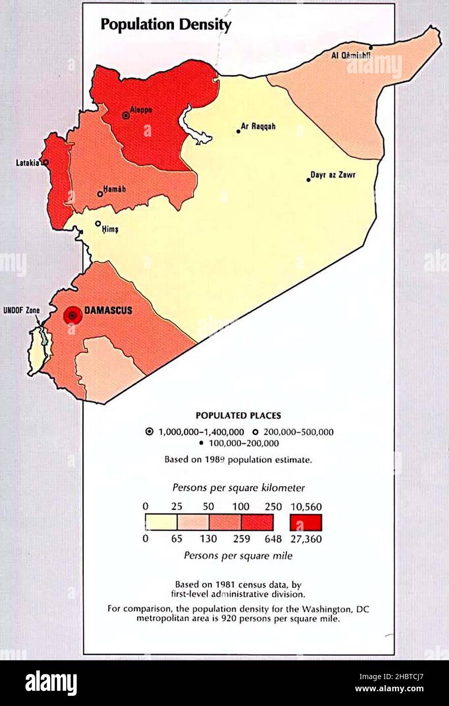 Siria - densità di popolazione dall'Atlante CIA del Medio Oriente 1993 Foto Stock