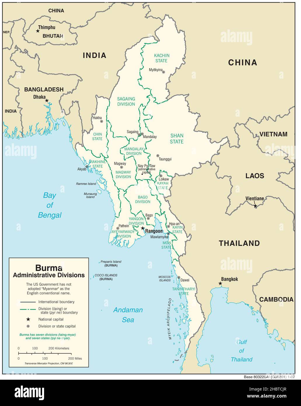 Mappa delle divisioni amministrative di Myanmar, 2007 Foto Stock