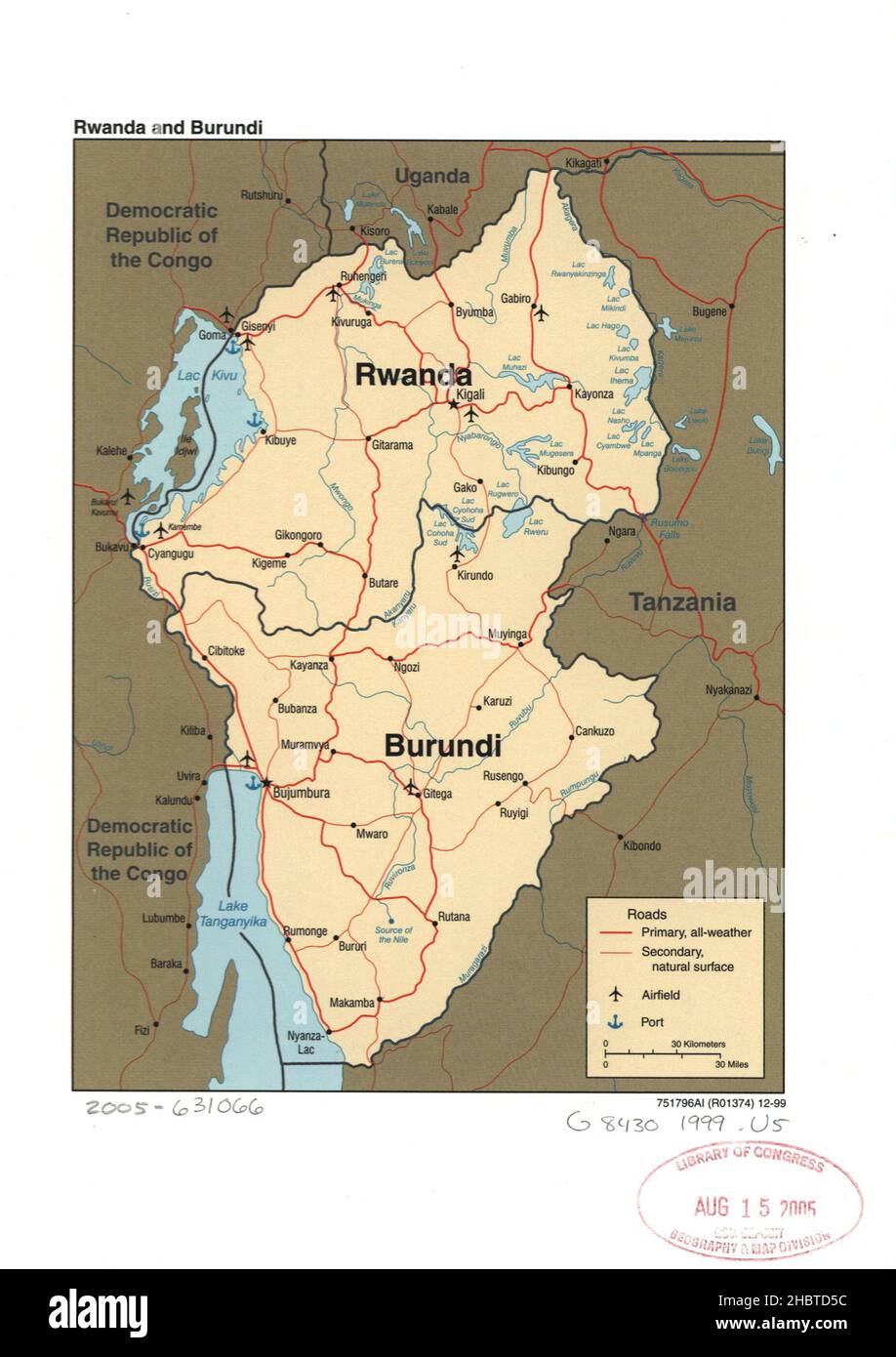 Mappa del Ruanda e Burundi ca. 1999 Foto Stock